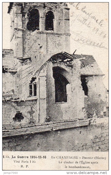 PRUNAY :  Bataille De La Marne, Le Clocher De L'Eglise Après Le Bombardement - Epernay