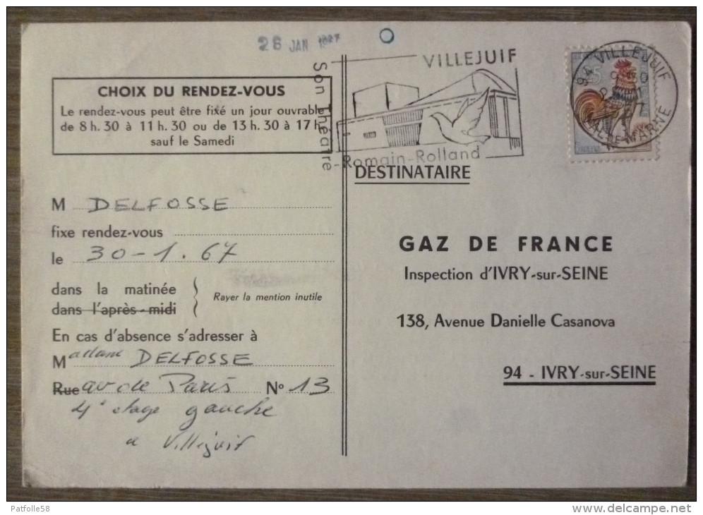 VILLEJUIF (94). GAZ DE FRANCE .INSPECTION D´IVRY SUR SEINE.LOT DE 2 CARTES.AVEC TIMBRE COQ DECARIS.1967. - Villejuif