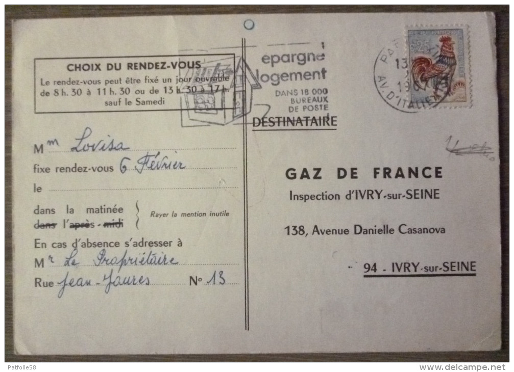 VILLEJUIF (94). GAZ DE FRANCE .INSPECTION D´IVRY SUR SEINE.LOT DE 2 CARTES.AVEC TIMBRE COQ DECARIS.1967. - Villejuif