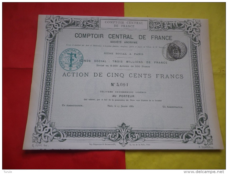 COMPTOIR CENTRAL DE FRANCE (imprimerie RICHARD) 1882 - Other & Unclassified