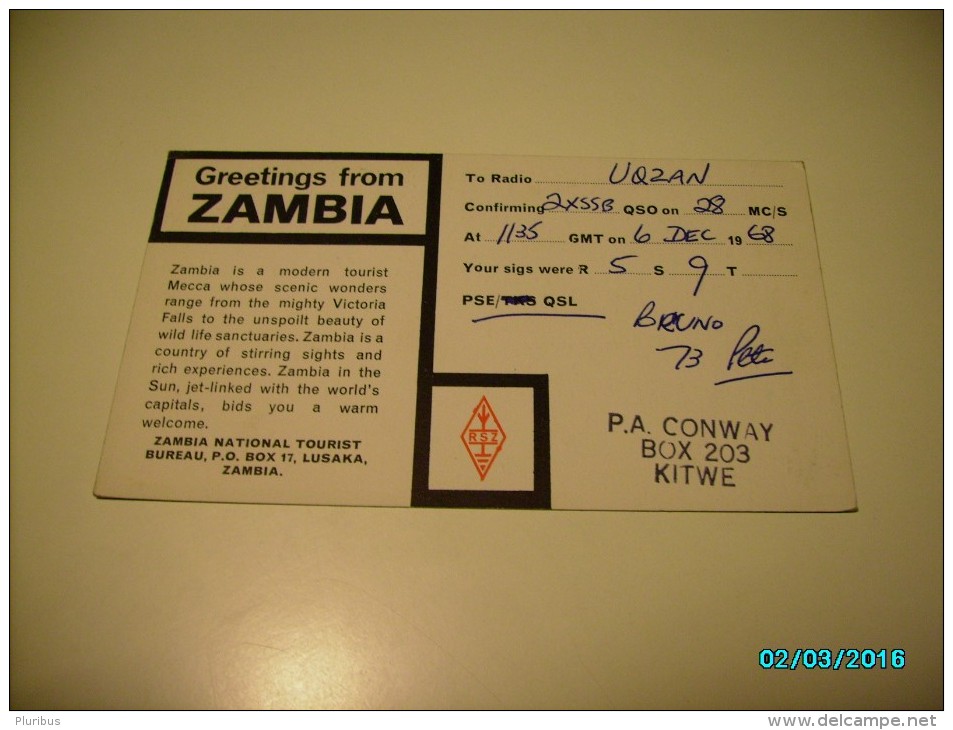 QSL RADIO CARD , ZAMBIA  POLICE RADIO , ELEPHANT , O - Sambia