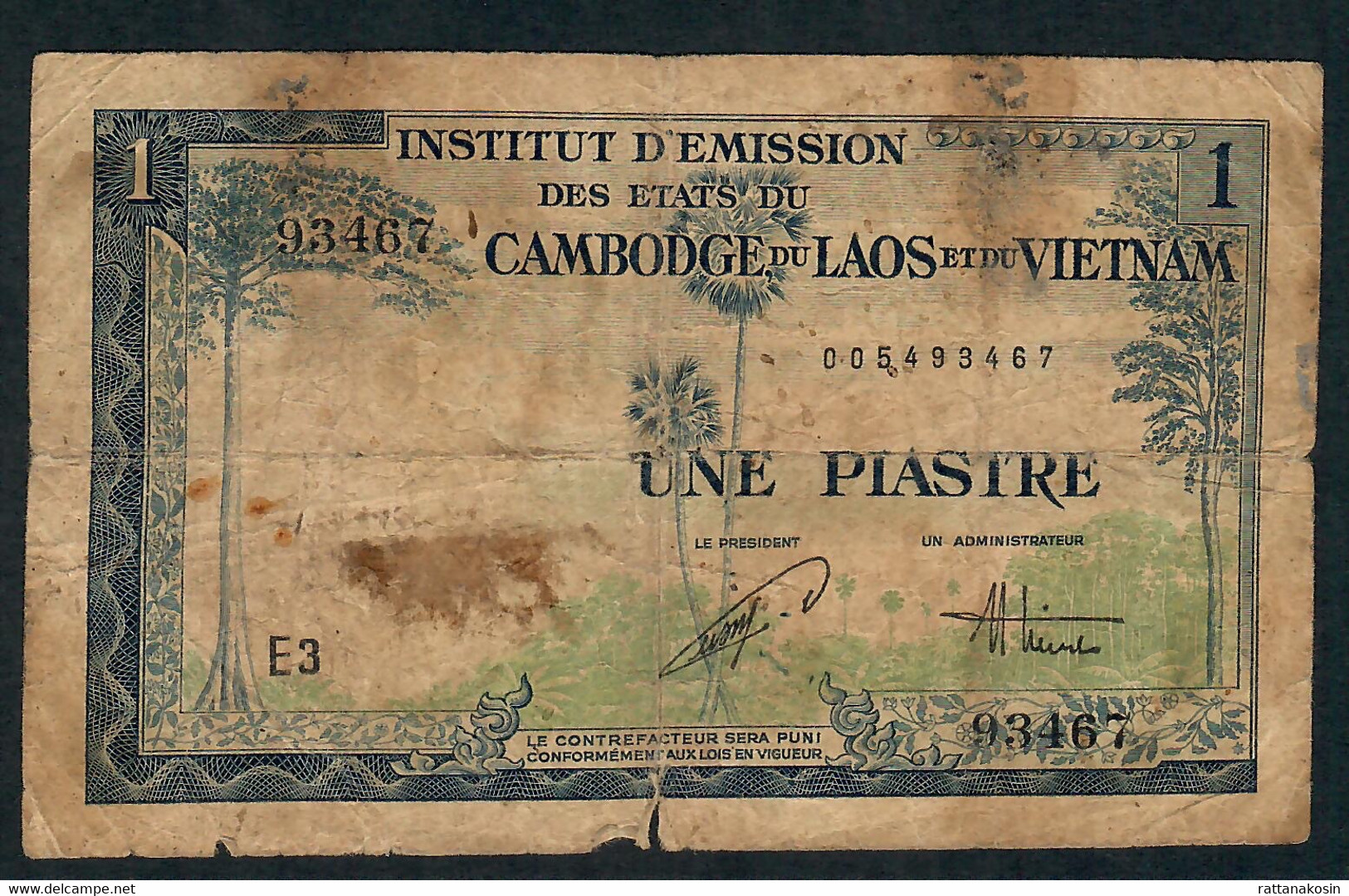 INDOCHINA  P105 1  PIASTRE   1954       VG-FINE - Indochina