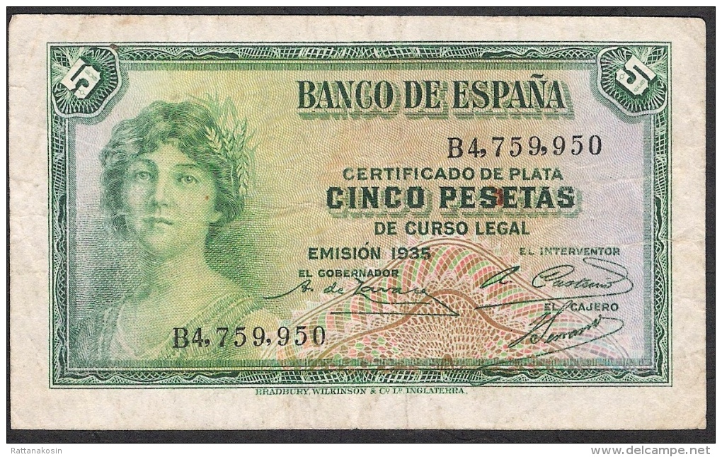 SPAIN  P85  5    PESETAS   1935  Serie B  VF - 5 Peseten