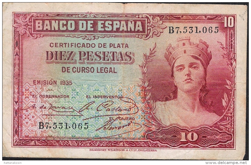 SPAIN  P86  10  PESETAS  1935  Serie B   VF - 10 Pesetas