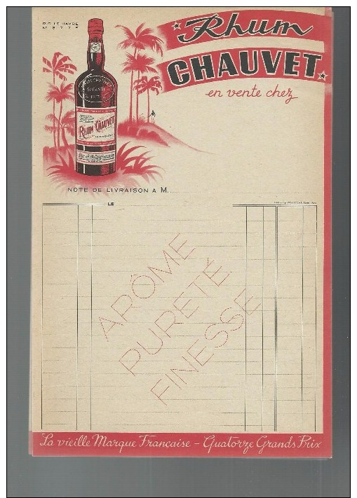 PUBLICITE - BLOC RHUM CHAUVET - NOTE DE LIVRAISON - + DE 10 FEUILLES - TTBE - Alcoholes