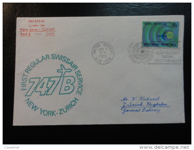 NEW YORK ZURICH 1971 UNO Stamp SWISSAIR Erstflug First Fligth Suisse Switzerland - Eerste Vluchten