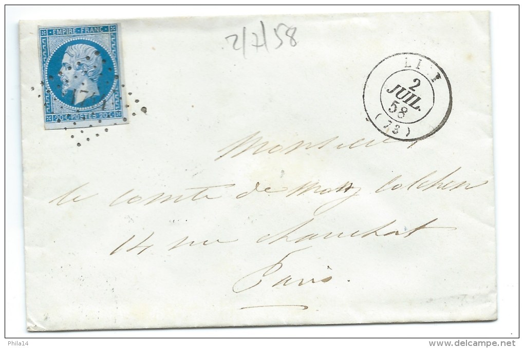 N° 14 BLEU NAPOLEON SUR LETTRE / LIZY SUR OURCQ SEINE ET MARNE  POUR PARIS / 2 JUIL 1858 - 1849-1876: Période Classique