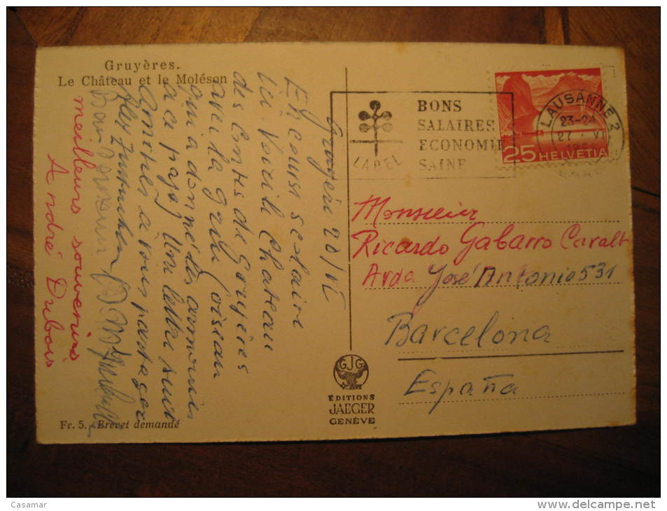 LAUSANNE 1956 To Barcelona Spain Mountain Mountains Gruyeres Chateau Moleson Post Card Switzerland Suisse - Lettres & Documents