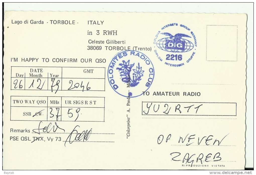 QSL CARD   --    ITALIA  --  TORBOLE, LAGO DI GARDA - Sonstige & Ohne Zuordnung