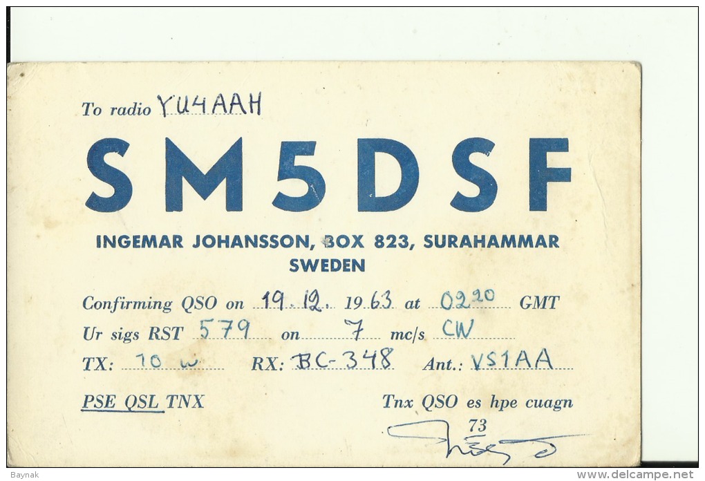 QSL CARD   --   SWEDEN  --  1963 - Sonstige & Ohne Zuordnung