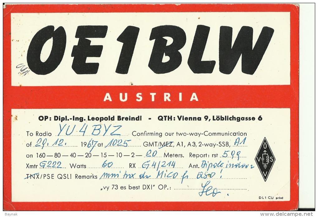 QSL CARD   --   AUSTRIA  --  WIEN  --  1967 - Sonstige & Ohne Zuordnung