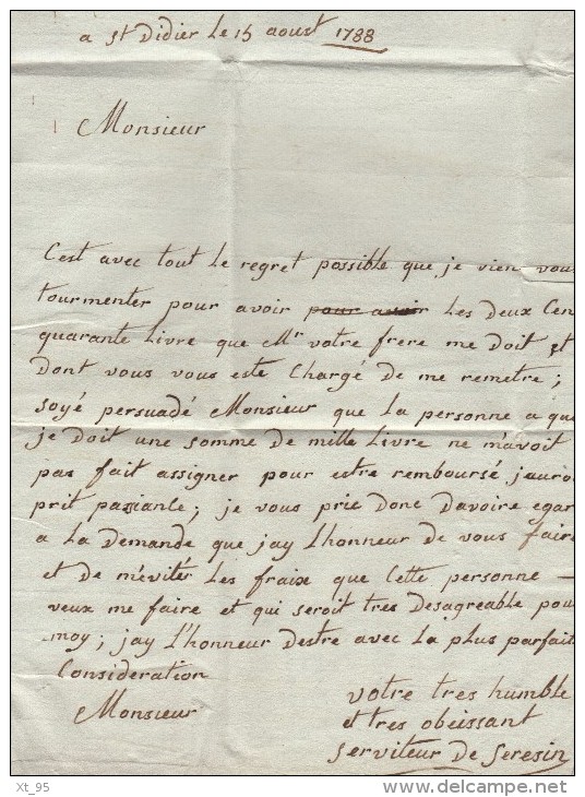 Toissey (a Sec) - Ain - Courrier De St Didier - 1788 - Signe Pothion - 1701-1800: Précurseurs XVIII