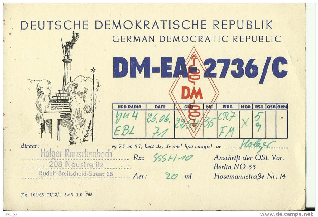 QSL CARD   --   GERMAN DEMOCRATIC REPUBLIC  --  DDR  --  DEUTSCHE DEMOKRATISCHE REPUBLIK - Sonstige & Ohne Zuordnung