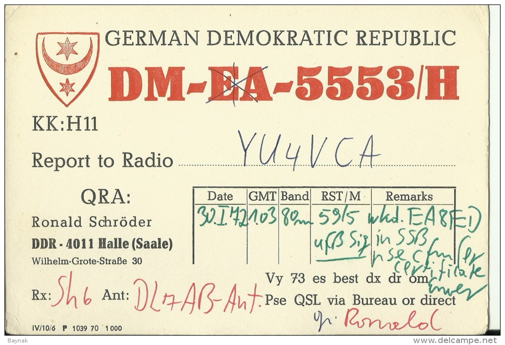 QSL CARD   --   GERMAN DEMOCRATIC REPUBLIC  --  DDR  --  DEUTSCHE DEMOKRATISCHE REPUBLIK - Sonstige & Ohne Zuordnung