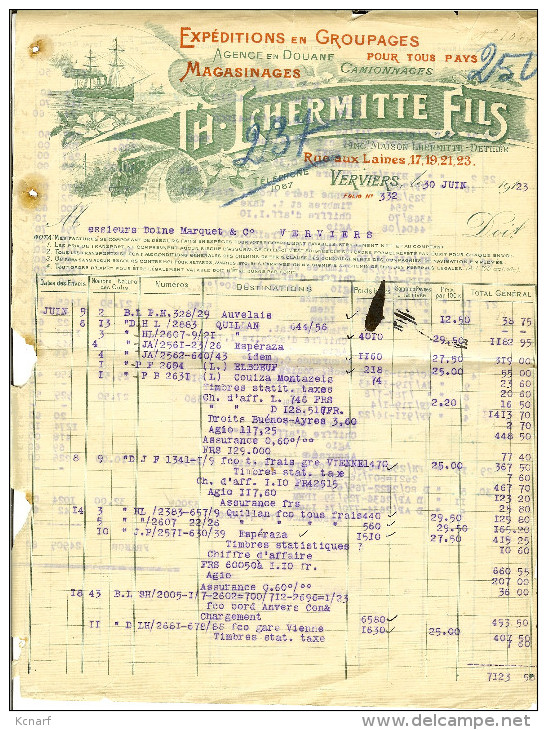 Vieille Facture De VERVIERS 1923 Th. Lhermitte Fils  " Agence De Douane Camionnages " - Transports