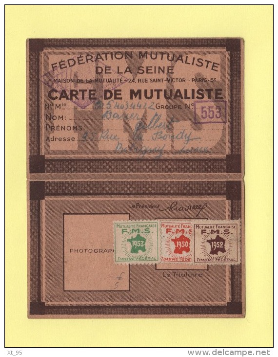 Carte De Mutualiste - Federation Mutualiste De La Seine  - FMS - Carte De Membre - Zonder Classificatie