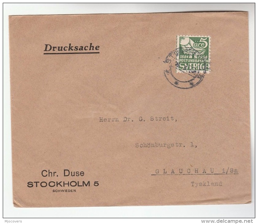 SWEDEN COVER Stamps 1934  POSTAL SAVINGS BANK ANNIV To Germany - Covers & Documents