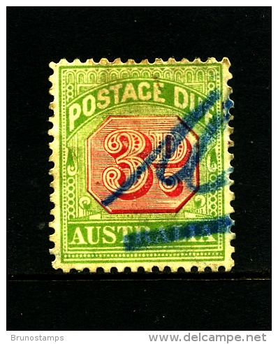 AUSTRALIA - 1909  POSTAGE   DUES  3d VICTORIAN DESIGN  WMK LARGE CROWN PERF 12x12 1/2  USED PEN CANCEL SG D66 - Segnatasse