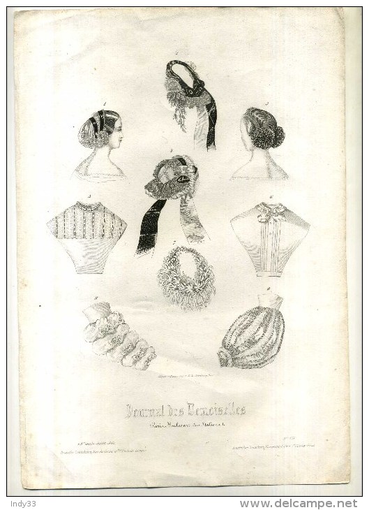 - JOURNAL DES DEMOISELLES . COIFFES  . GRAVURE SUR ACIER DU XIXe S . - Cuffie, Cappelli, Berretti