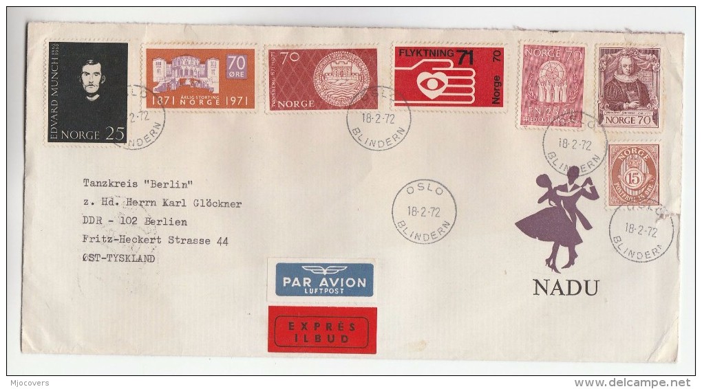 1972 EXPRESS Air Mail NORWAY COVER Stamps REFUGEE TONSBURG MUNCH UN GUNNERUS STORTING To Germany Airmail Label - Covers & Documents