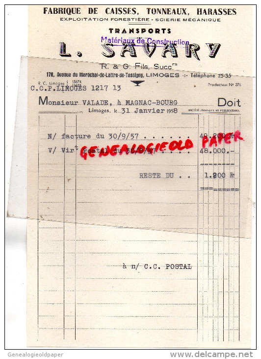 87 - LIMOGES - FACTURE L. SAVARY -FABRIQUE DE CAISSES TONNEAUX HARASSES- SCIERIE-176 AV. MARECHAL LATTRE TASSIGNY-1958 - 1950 - ...