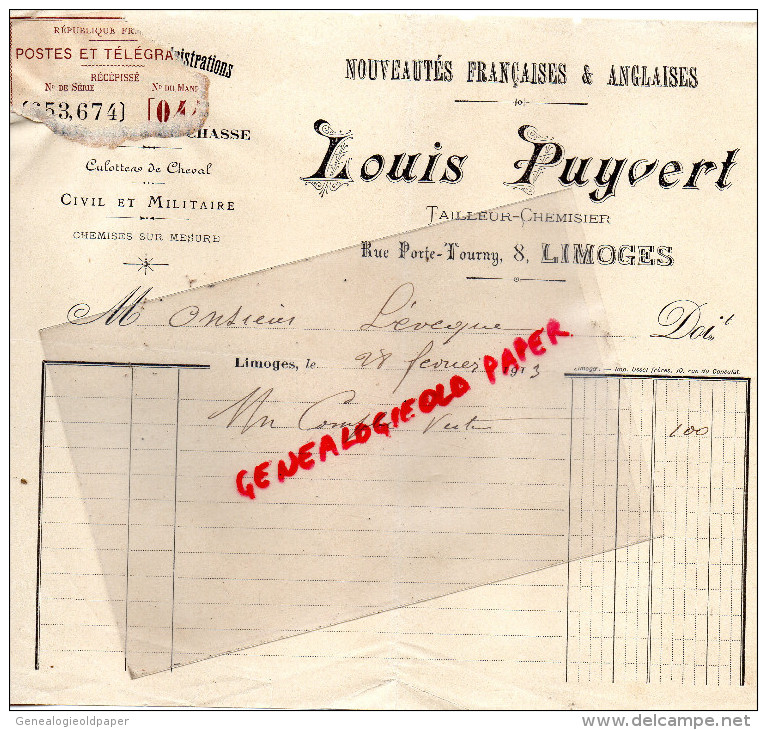 87 - LIMOGES - FACTURE LOUIS PUYVERT- VETEMENTS CIVIL ET MILITAIRE-TAILLEUR CHEMISIER-8 RUE PORTE TOURNY-1913 - 1900 – 1949