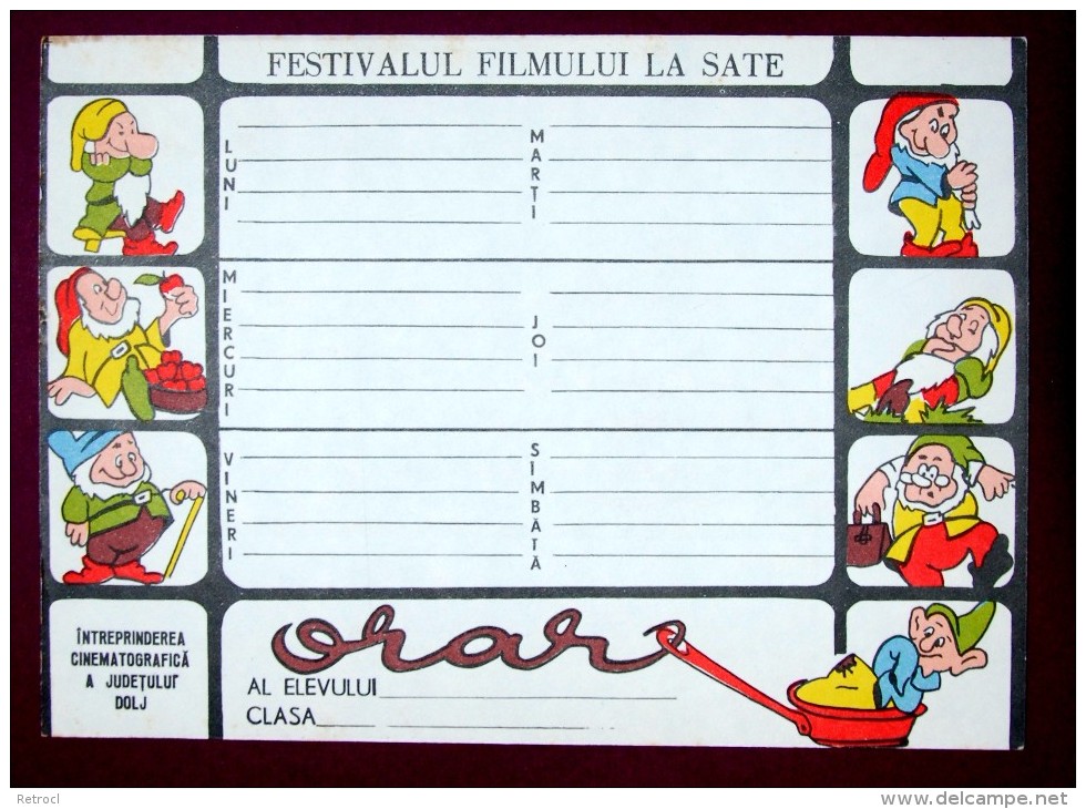 Romania, 1970's, Vintage School Schedule - Walt Disney - Cinema - Blanc De Neige - Europe