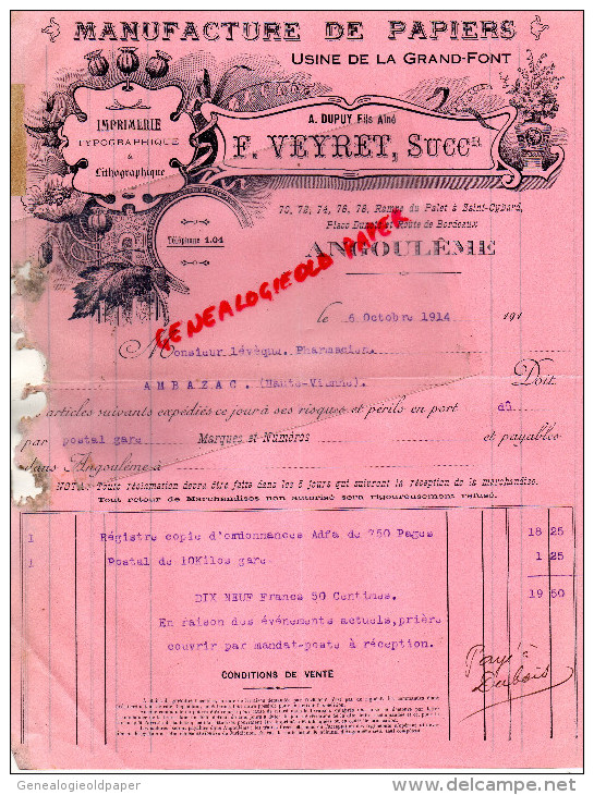 16 - ANGOULEME - FACTURE F. VEYRET -DUPUY FILS AINE-MANUFACTURE PAPIERS-USINE DE LA GRAND FONT-IMPRIMERIE-1914 - Drukkerij & Papieren