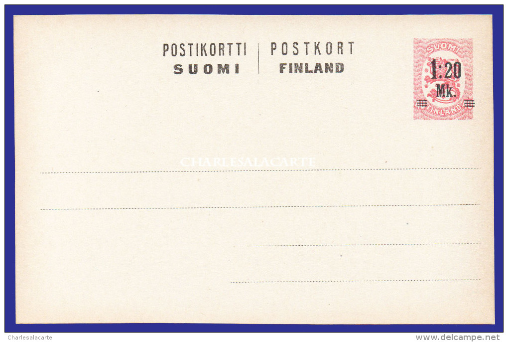 FINLAND 1922 PREPAID CARD 1Mk. 20 ON 20 PENNI ROSE HIGGINS & GAGE 62 UNUSED EXCELLENT CONDITION - Entiers Postaux