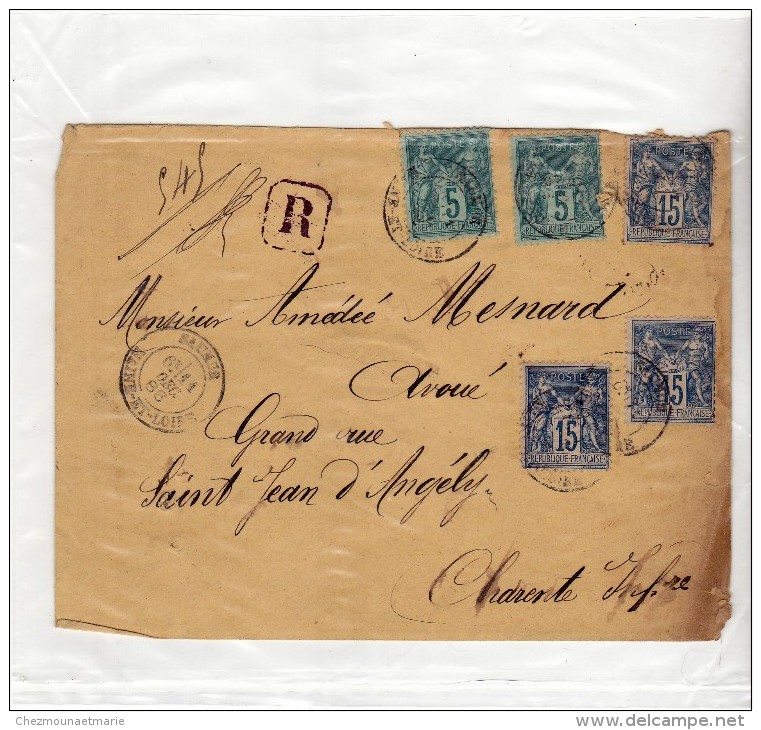 SAUMUR ST SAINT JEAN D ANGELY - 1886 - RECOMMANDEE R - SAGE 3 X 15C + 2 X 5C SUR ENVELOPPE - 1877-1920: Période Semi Moderne