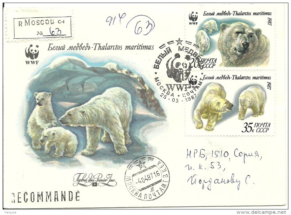 2 Lettres Recommandées URSS Circulé 1er Jour D´Emission OURS BLANC Moscou 25.03.1987 - Lettres & Documents