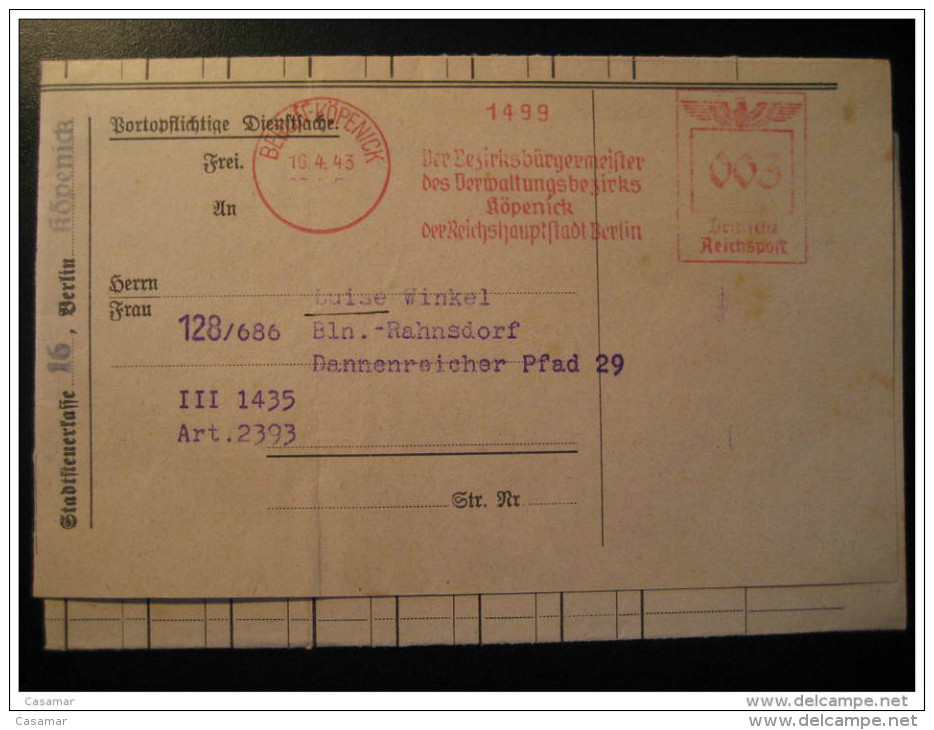 1943 Berlin Kopenick To Rahnsdorf Document Eagle Cancel Metter Mail Third Reich Deutsches Reich Empire Germany - Briefe U. Dokumente