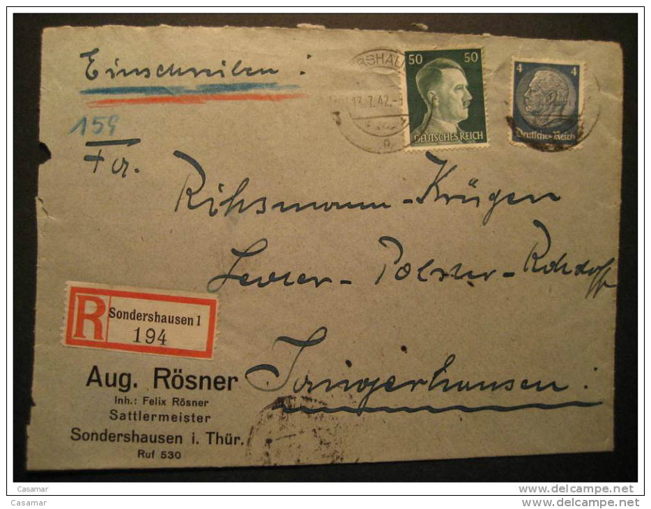 1942 Sondershausen To Sangerhausen Hindenburg + Hitler Stamp Frontal Cover Germany Deutsches Reich III Third Reich - Briefe U. Dokumente