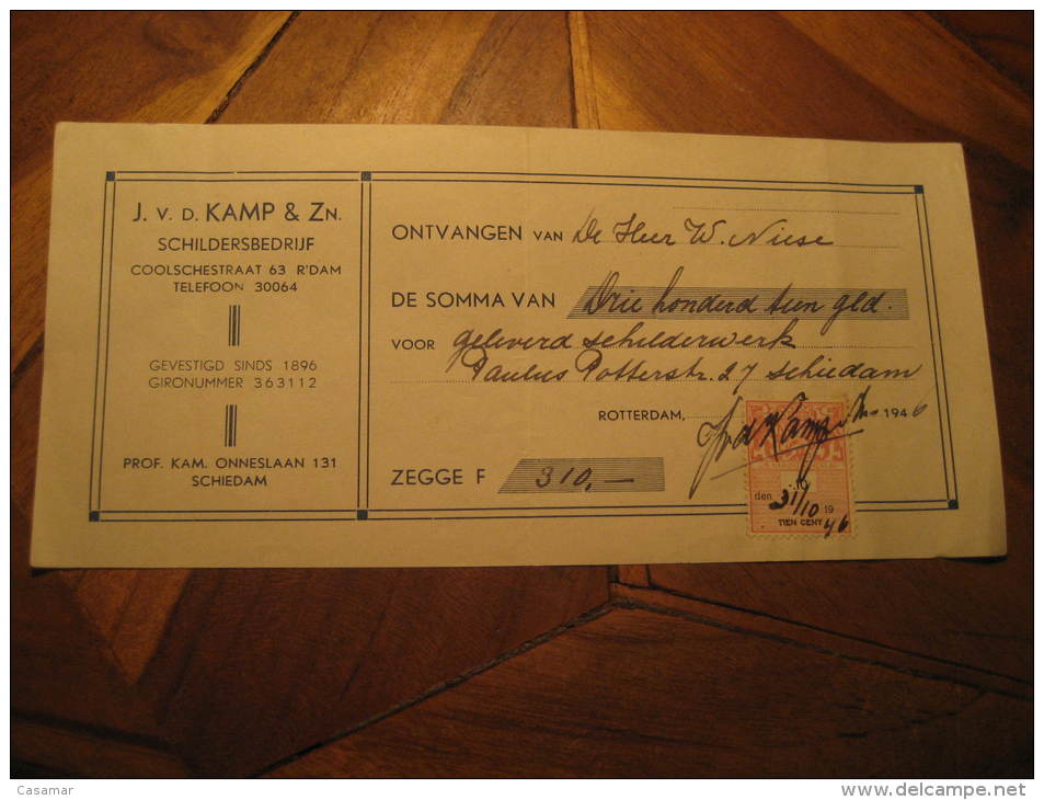 Rotterdam 1946 Cheque Check Bank Bill + Revenue Tax Fiscal Stamp Holland Netherlands - Steuermarken