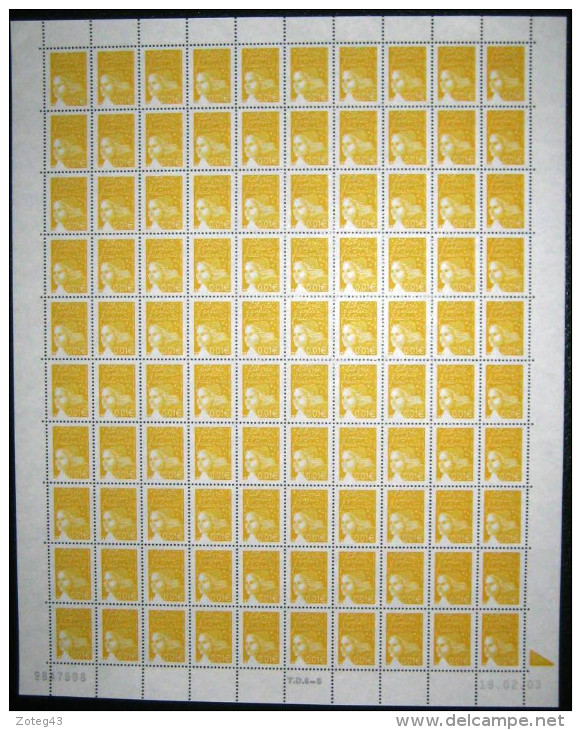 FRANCE 2002 FEUILLE COMPLETE DE 100 TIMBRES  TYPE MARIANNE DE LUQUET  0,01 € N°3443  ** - Feuilles Complètes