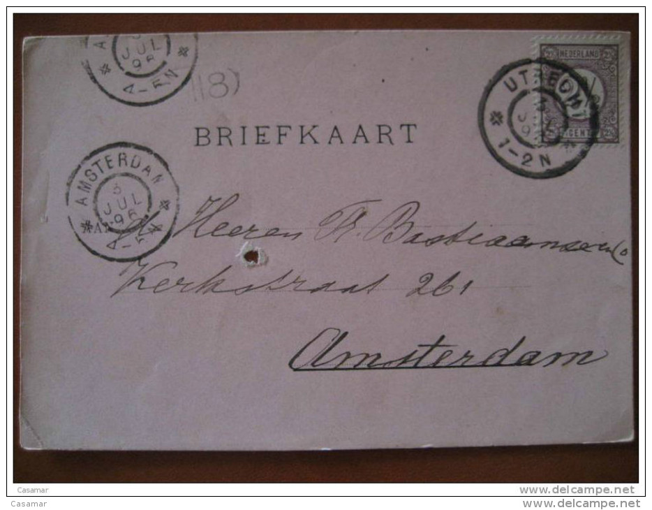 1896 Utrecht To Amsterdam 2 1/2c Stamp Sello Tarjeta Card Carte Briefkaart Holland Netherlands - Brieven En Documenten