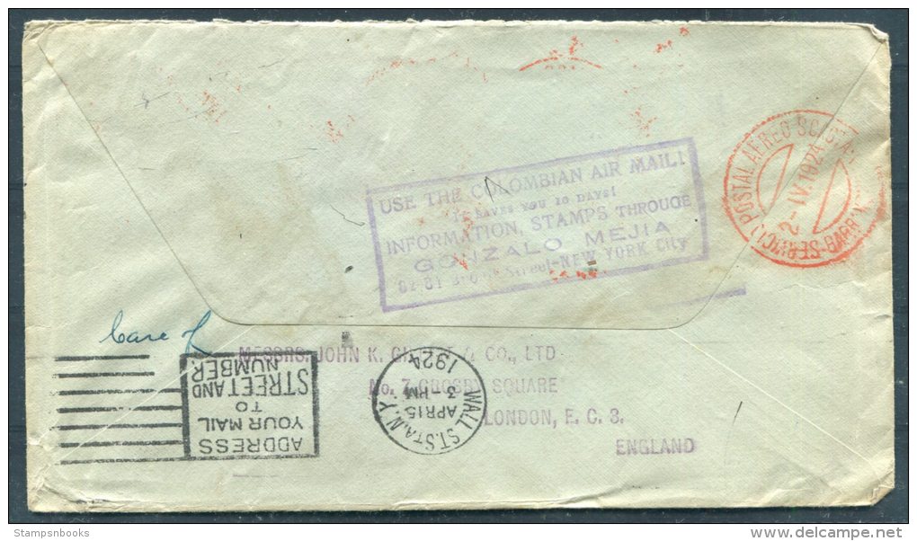 1924 Colombia SCADTA Airmail Cover - Wall Street, New York Redirected London - Colombia