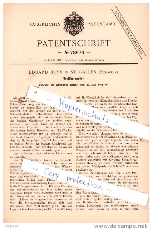 Original Patent  - Eduard Buss In St. Gallen , Schweiz , 1893 , Schiffspropeller !!! - Documents Historiques