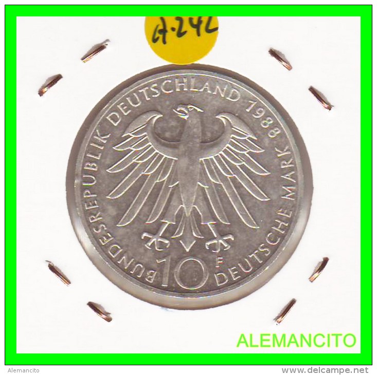 ALEMANIA  DBR.  MONEDA DE 10 DM CONMEMORATIVA  AÑO 1988- F - Conmemorativas