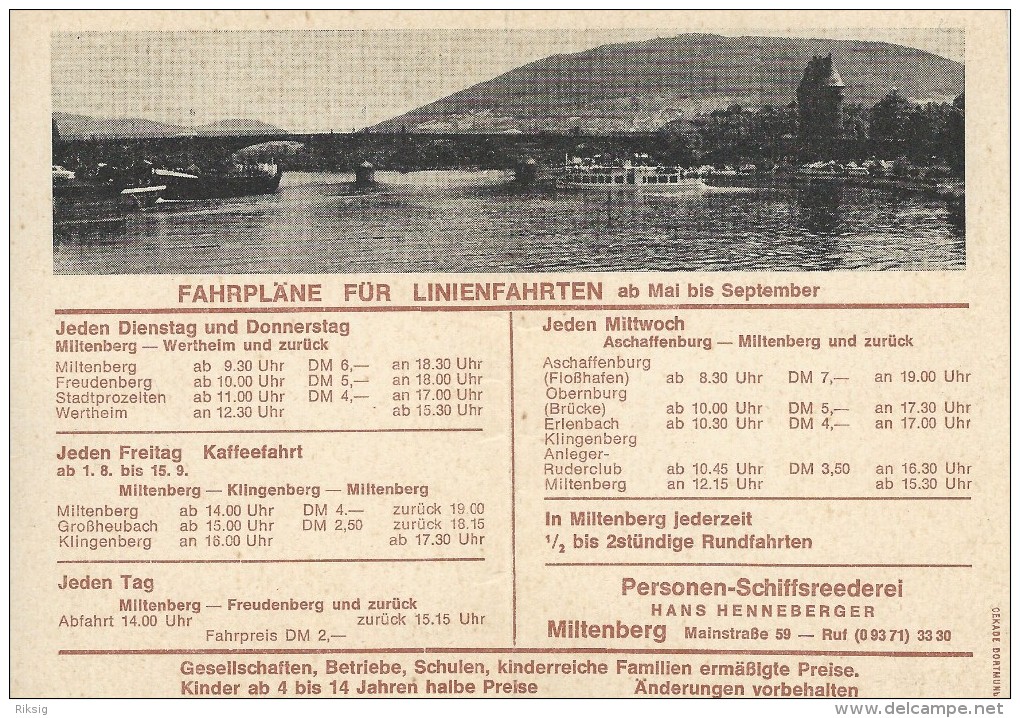 Fahrpläne Fùr Linienfahrten. Hans Henneberger - Personenschiffsreederei.  Miltenberg A. Main.  S-2593 - Europa