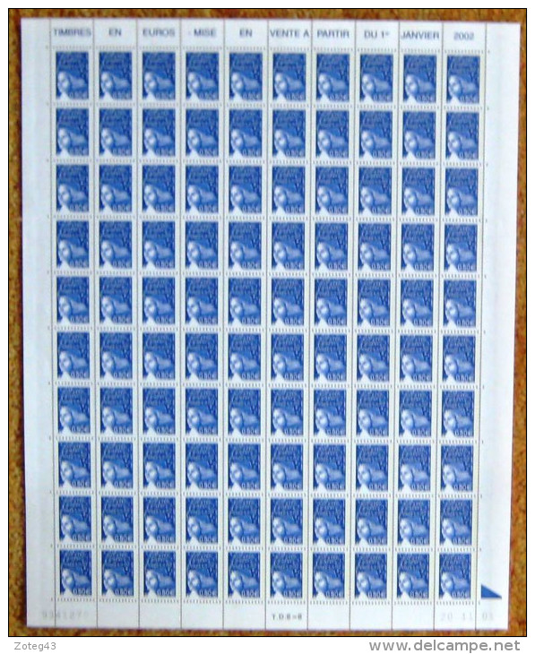 FRANCE 2002 FEUILLE COMPLETE DE 100 TIMBRES  TYPE MARIANNE DE LUQUET 0,50 € Bleu Nuit N°3449  ** - Feuilles Complètes