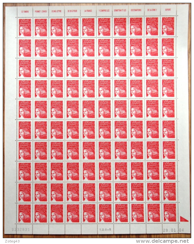 FRANCE 2001 FEUIL COMPLETE DE 100 TIMBRES TYPE MARIANNE DE LUQUET  -  Rouge YT N°3417** - Feuilles Complètes