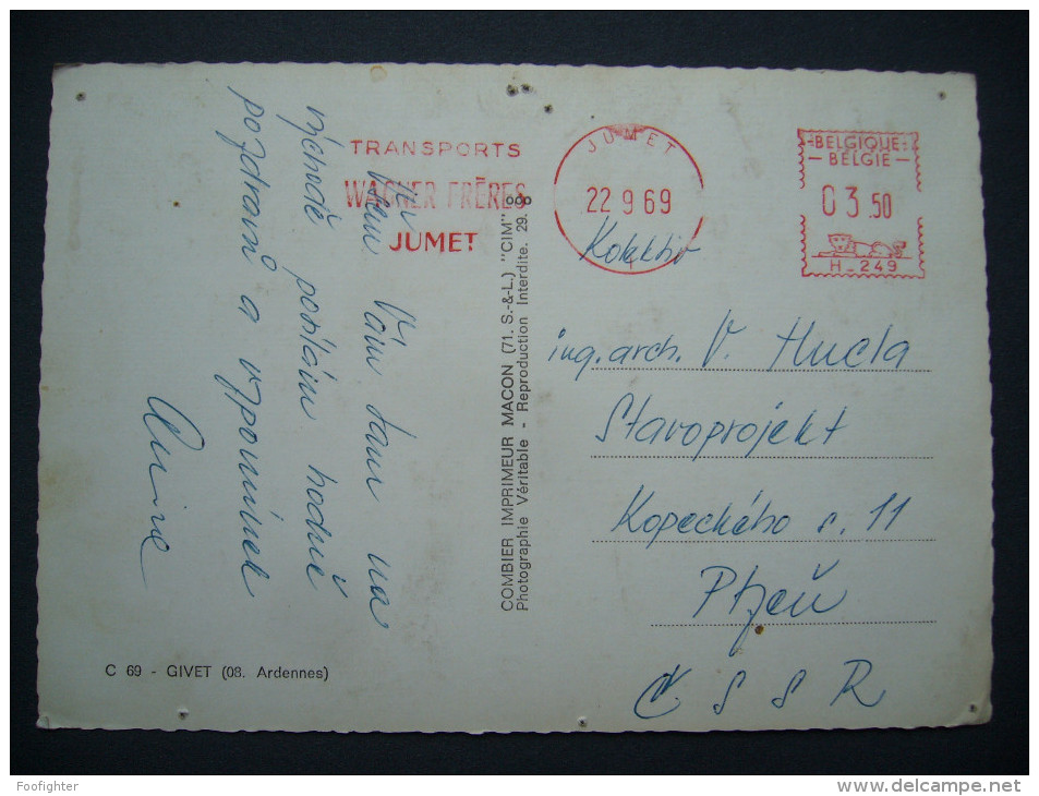 Machine Cancel Belgium TRANSPORT WAGNER FRERES JUMET 1969 On Postcard GIVET (Ardennes) - Sent To Czechoslovakia - 1960-79