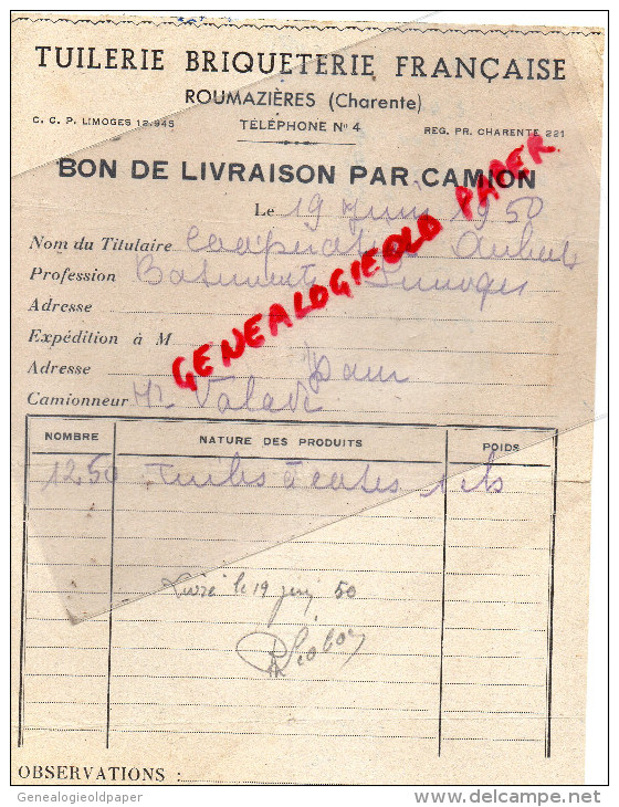 16 - ROUMAZIERES -BON LIVRAISON  TUILERIE BRIQUETERIE FRANCAISE-1950 - 1950 - ...