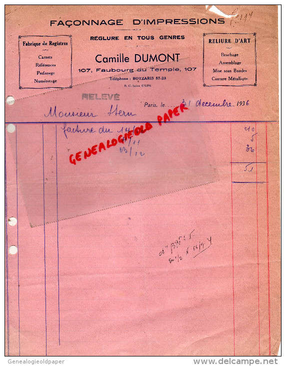 75 - PARIS - FACTURE CAMILLE DUMONT-107 FG DU TEMPLE- FACONNAGE IMPRESSIONS- IMPRIMERIE-1936 - Imprimerie & Papeterie