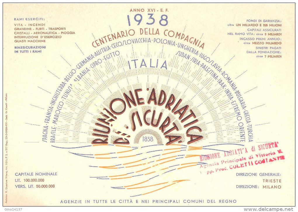 Volantino Originale Per Il Centenario Della Compagnia RIUNIONE ADRATICA DI SICURITA' - Other & Unclassified