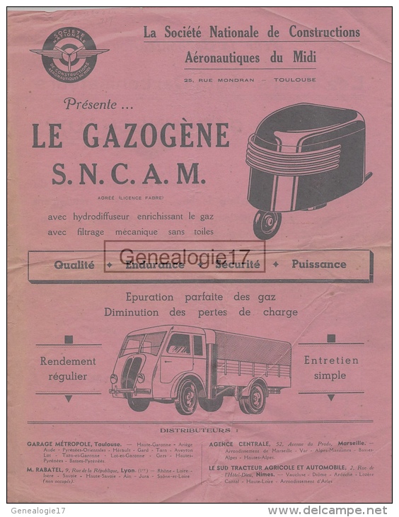 31 1312 TOULOUSE Gazogene SNCAM DE STÉ NATIONALE DE CONSTRUCTIONS AERONAUTIQUES DU MIDI  Et Mr BONNECHAUX Fours - Publicités