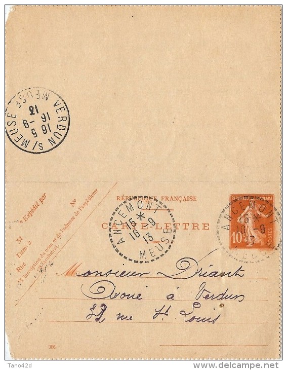 LBL35B- EP CL SEMEUSE CAMEE 10c ANCEMONT / VERDUN 16/9/1913 - Cartes-lettres