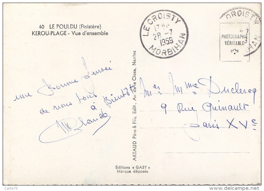 Le Pouldu 29 - Kerou-Plage - 1959 - Cachet Postal Le Croisty - Le Pouldu