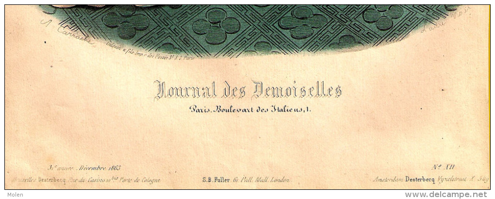 GRAVURE DE MODE Anno 1863 JOURNAL DES DEMOISELLES Fillette Chapeau Litho Lithographie Engraving Eau-forte Radierung R99 - Before 1900